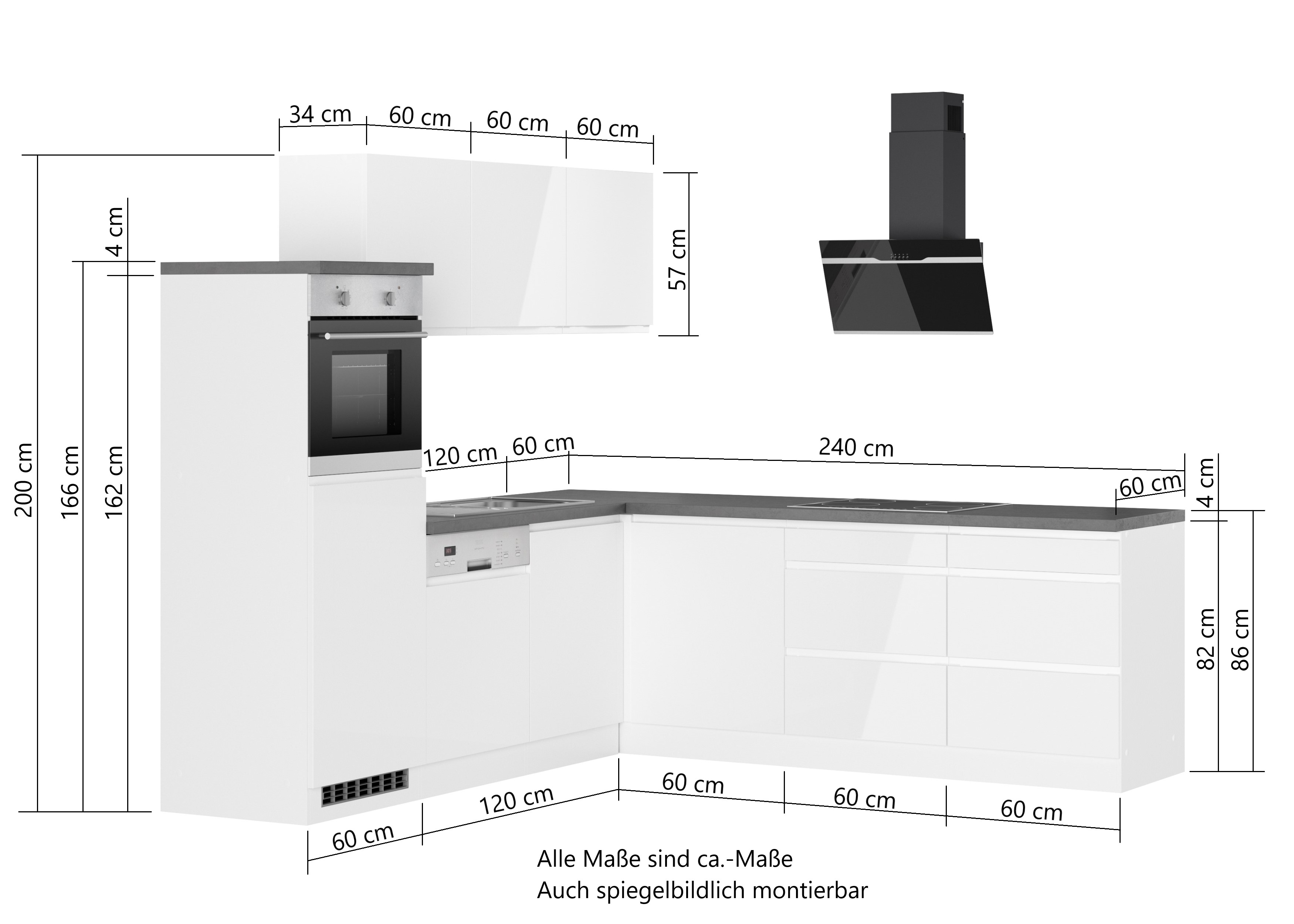 Winkelküche Detroit | Hochglanz-Weiß | Wotan-Eiche | 180/300 cm | Induktion