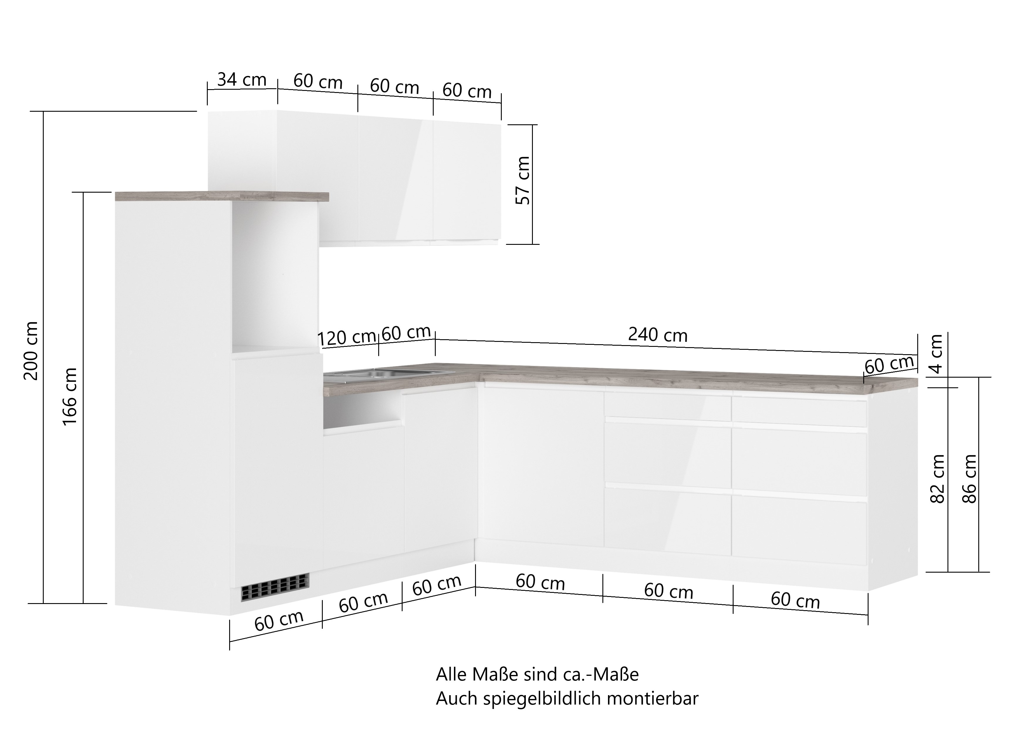 Winkelküche Detroit mit Kühlschrank | Hochglanz-Weiß | Beton-Oxid | 180/300 cm | ohne Geräte