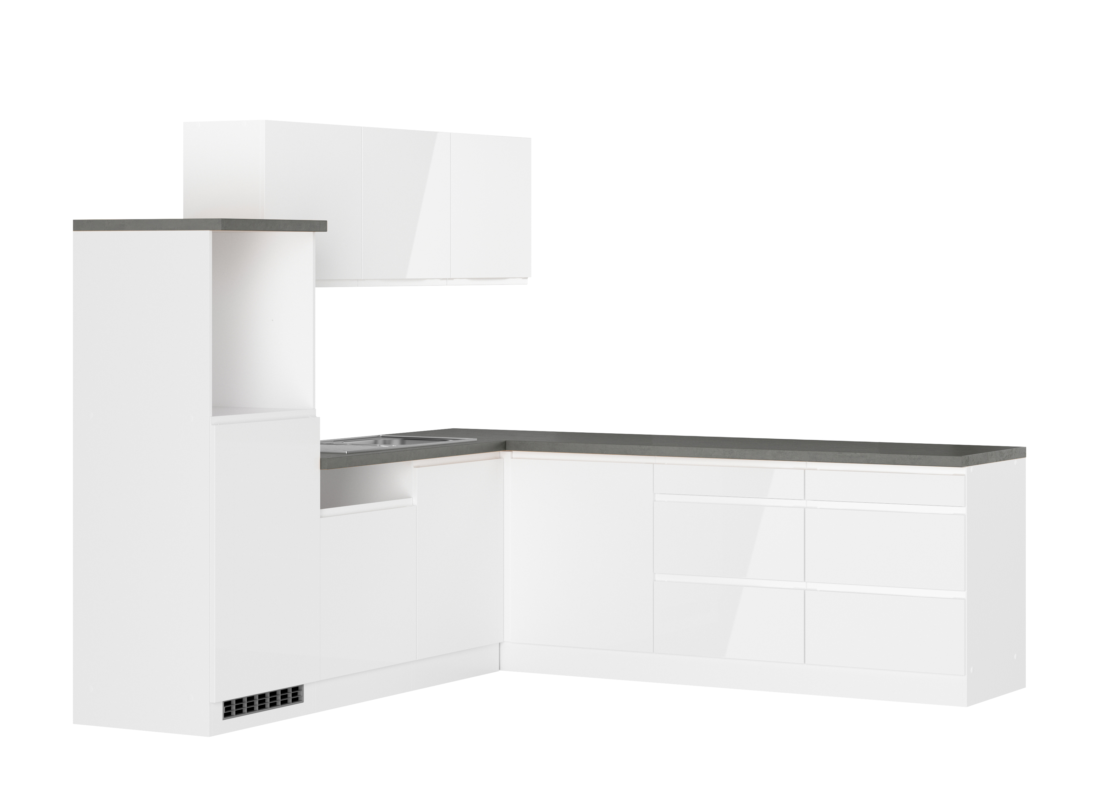 Winkelküche Detroit | Hochglanz-Weiß | Beton-Oxid | 180/300 cm | ohne Geräte