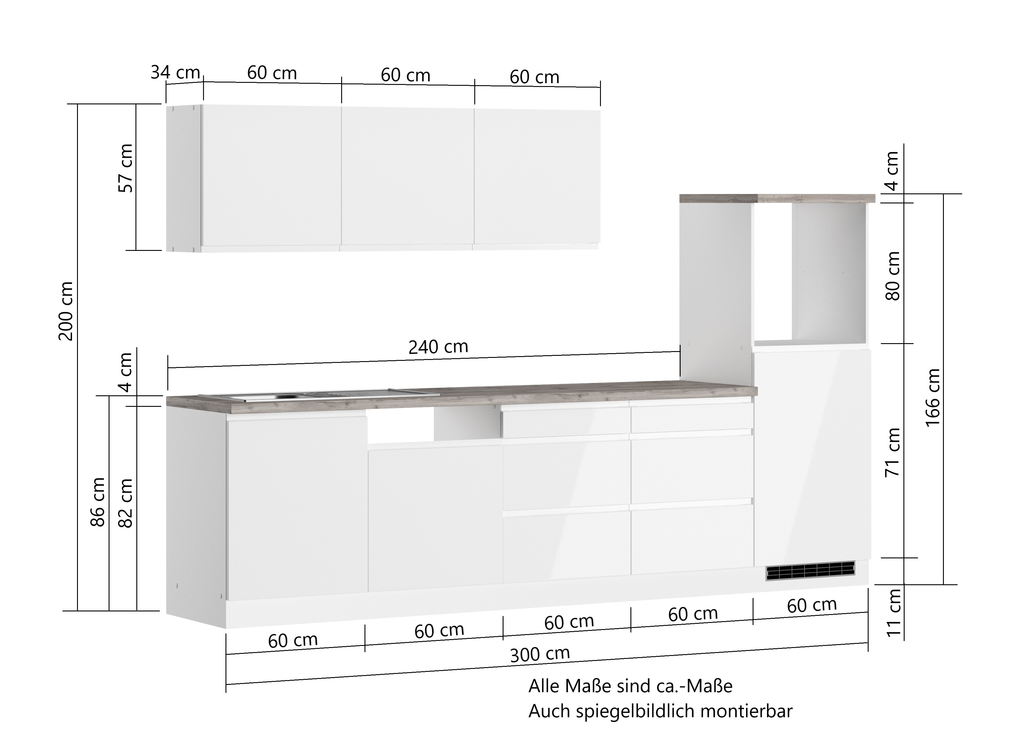 Einbauküche Detroit | Hochglanz-Weiß | Beton-Oxid | 300 cm | ohne Geräte