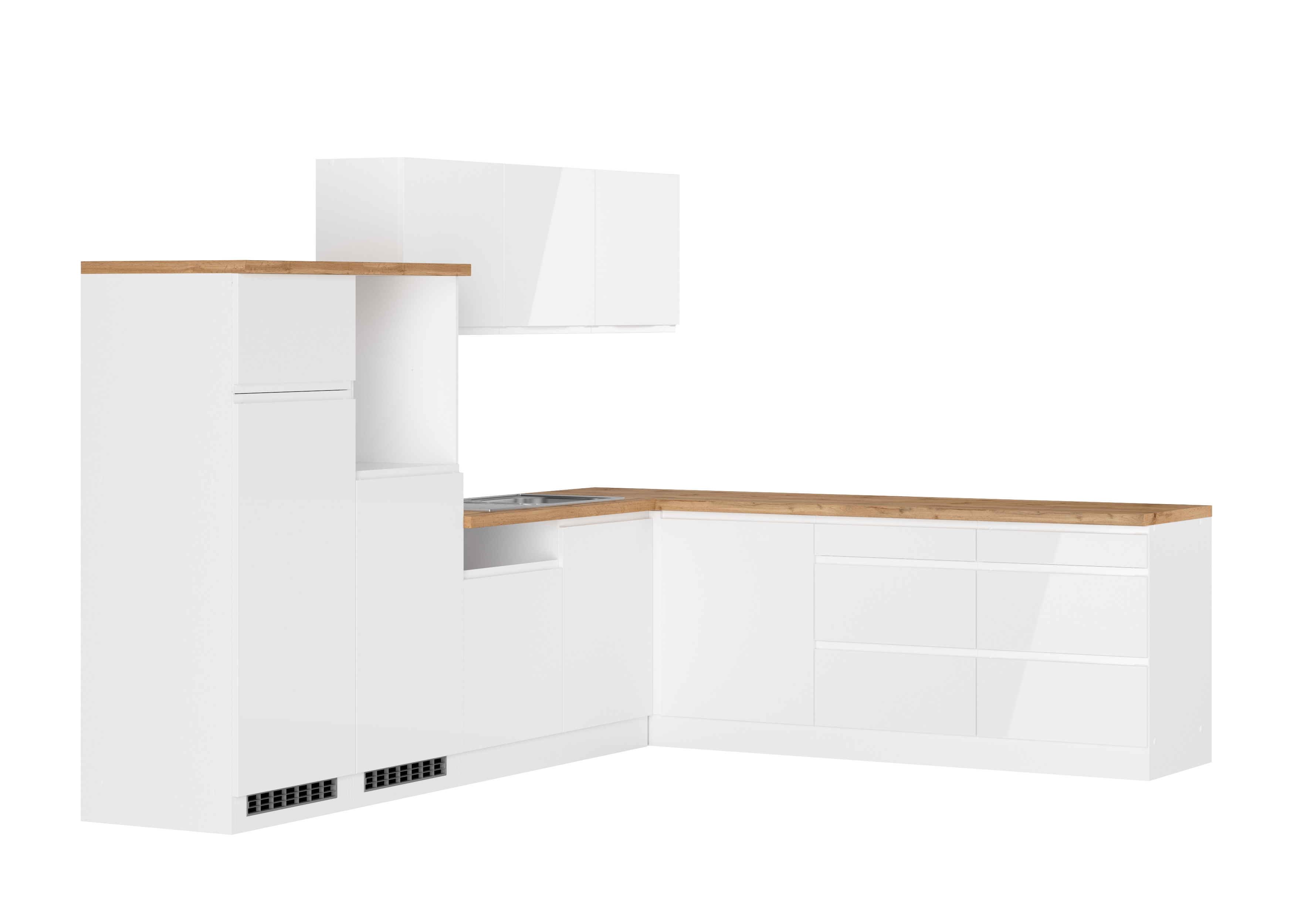 Winkelküche Detroit mit Kühl/Gefrierkombi | Hochglanz-Weiß | Wotan-Eiche | 180/360 cm | ohne Geräte