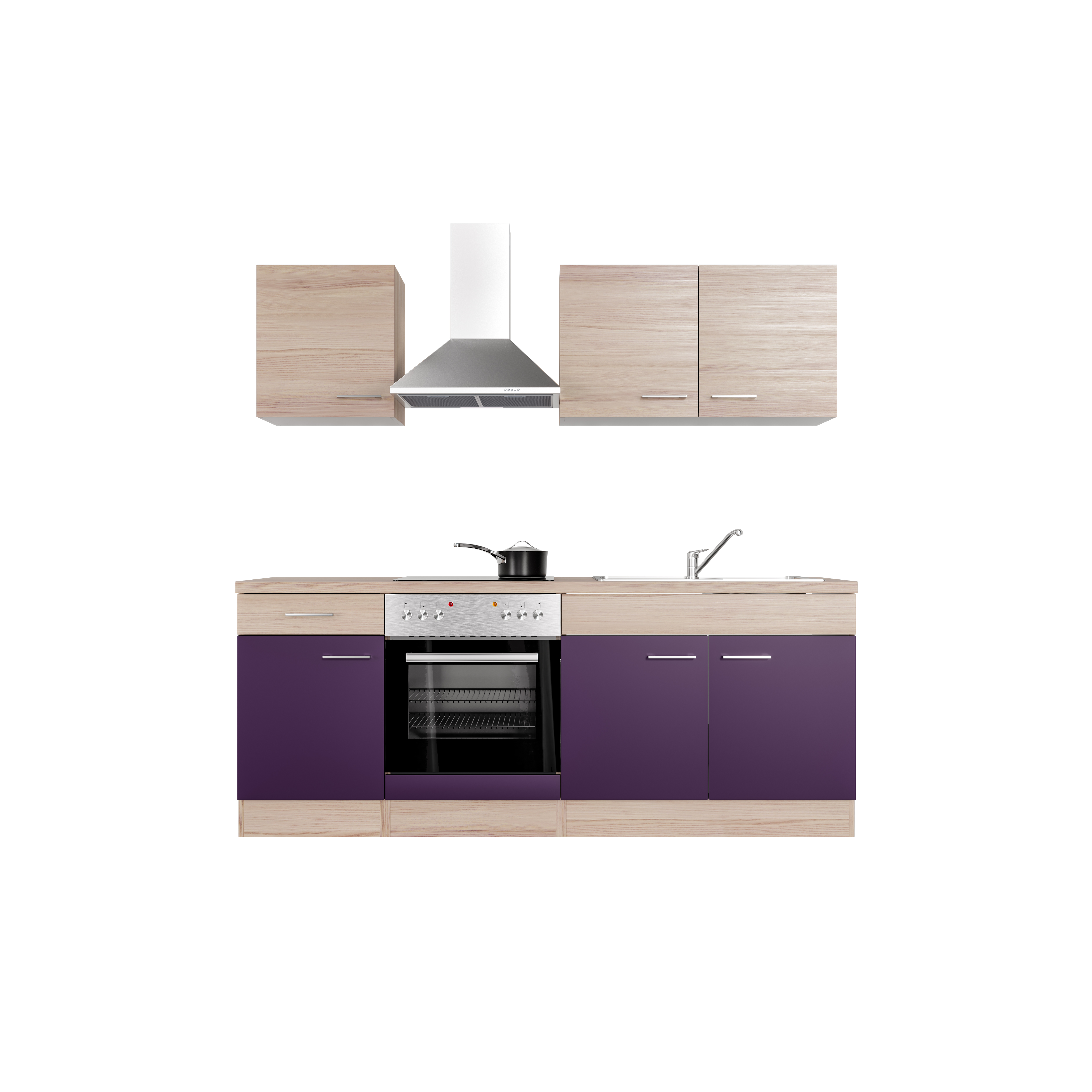Küchenzeile mit E-Geräten & Geschirrspüler - 220 cm breit - Akazie  Aubergine – Otto