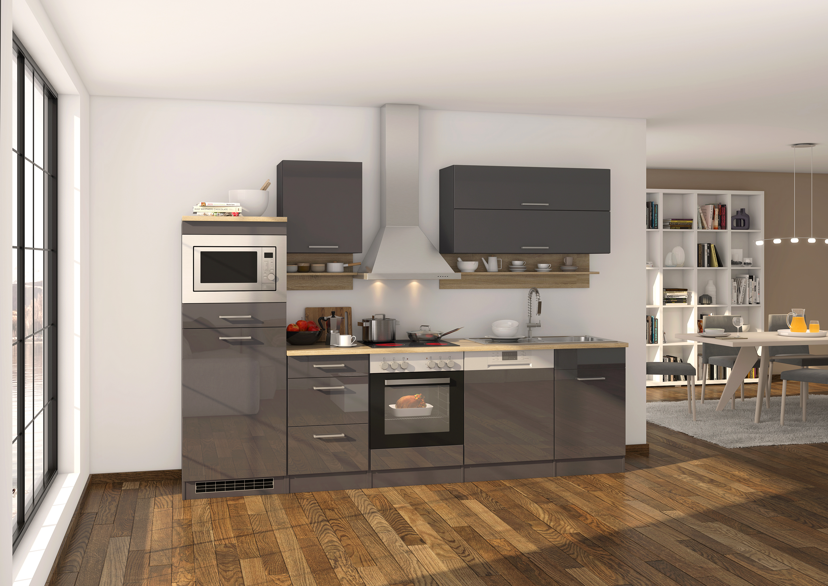 Winkelküche mit E-Geräten & Geschirrspüler - 280 cm breit - Kaschmir Glanz  Sonoma Eiche – Neapel