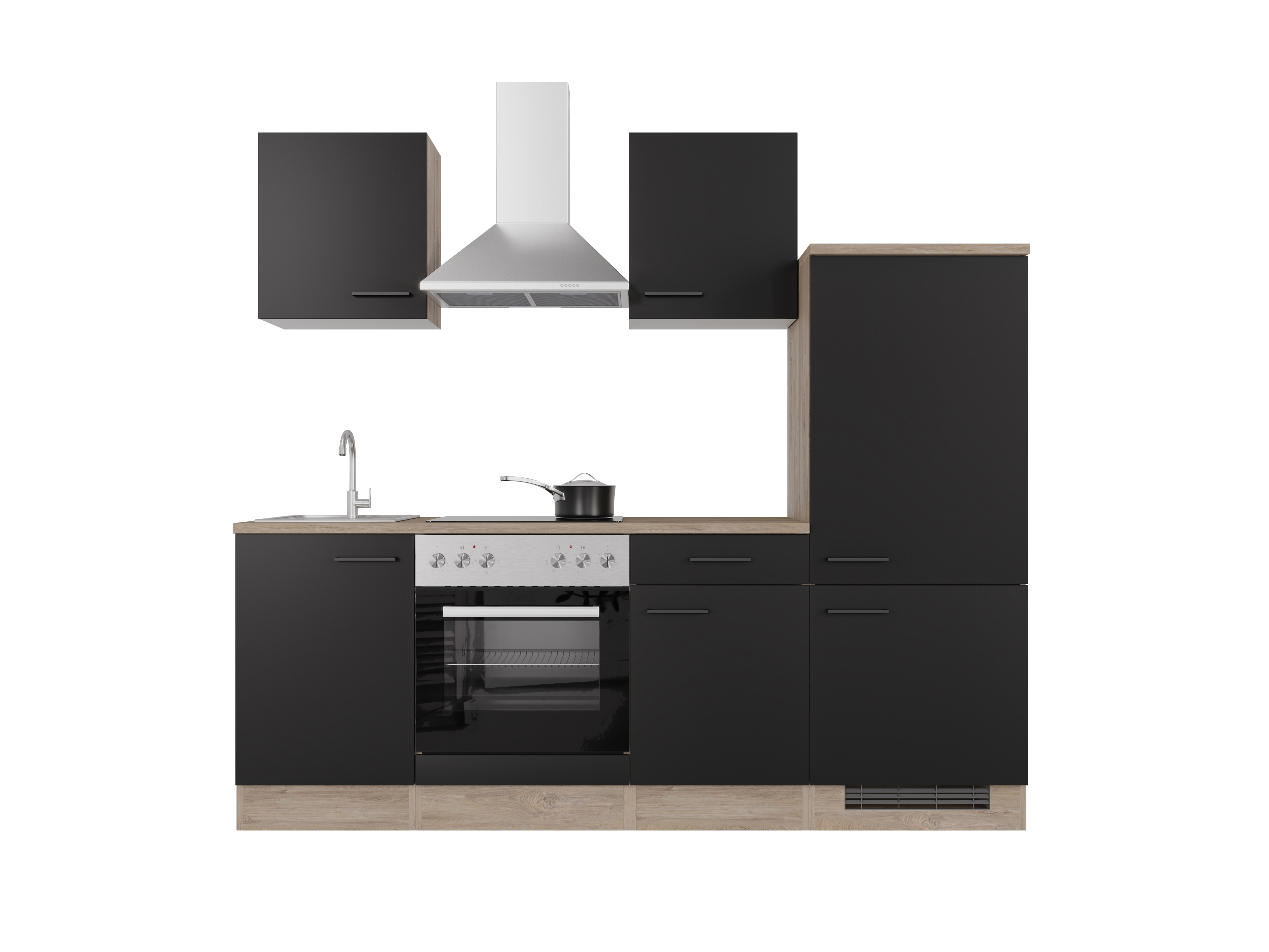 - breit – Oak Capri cm 220 Küchenzeile matt E-Geräten mit Schwarz - Endgrain