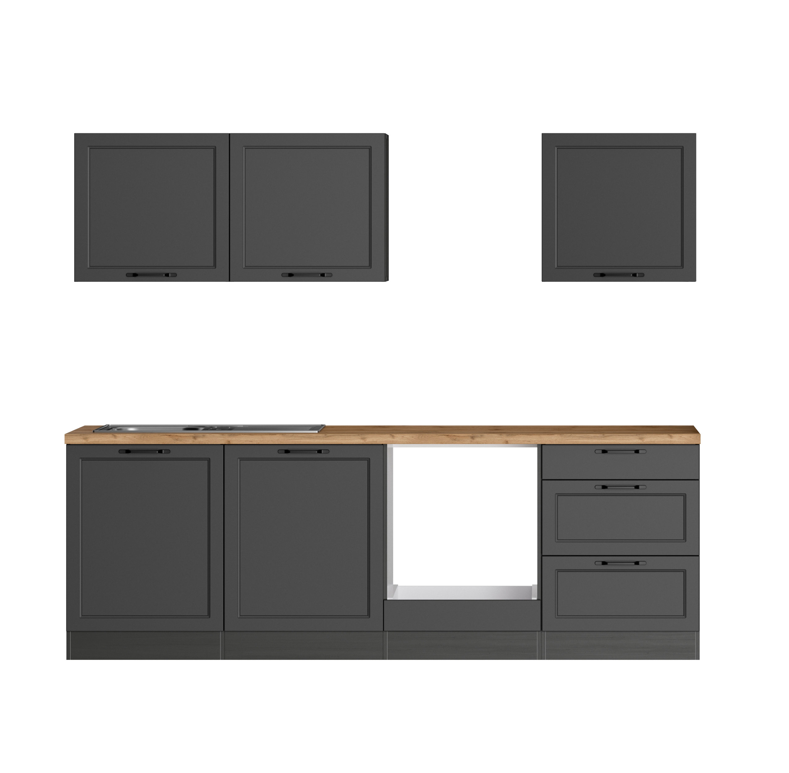 Singleküche Charleston | Matt-Grau | Graphit | Wotan-Eiche | 240 cm | ohne Geräte