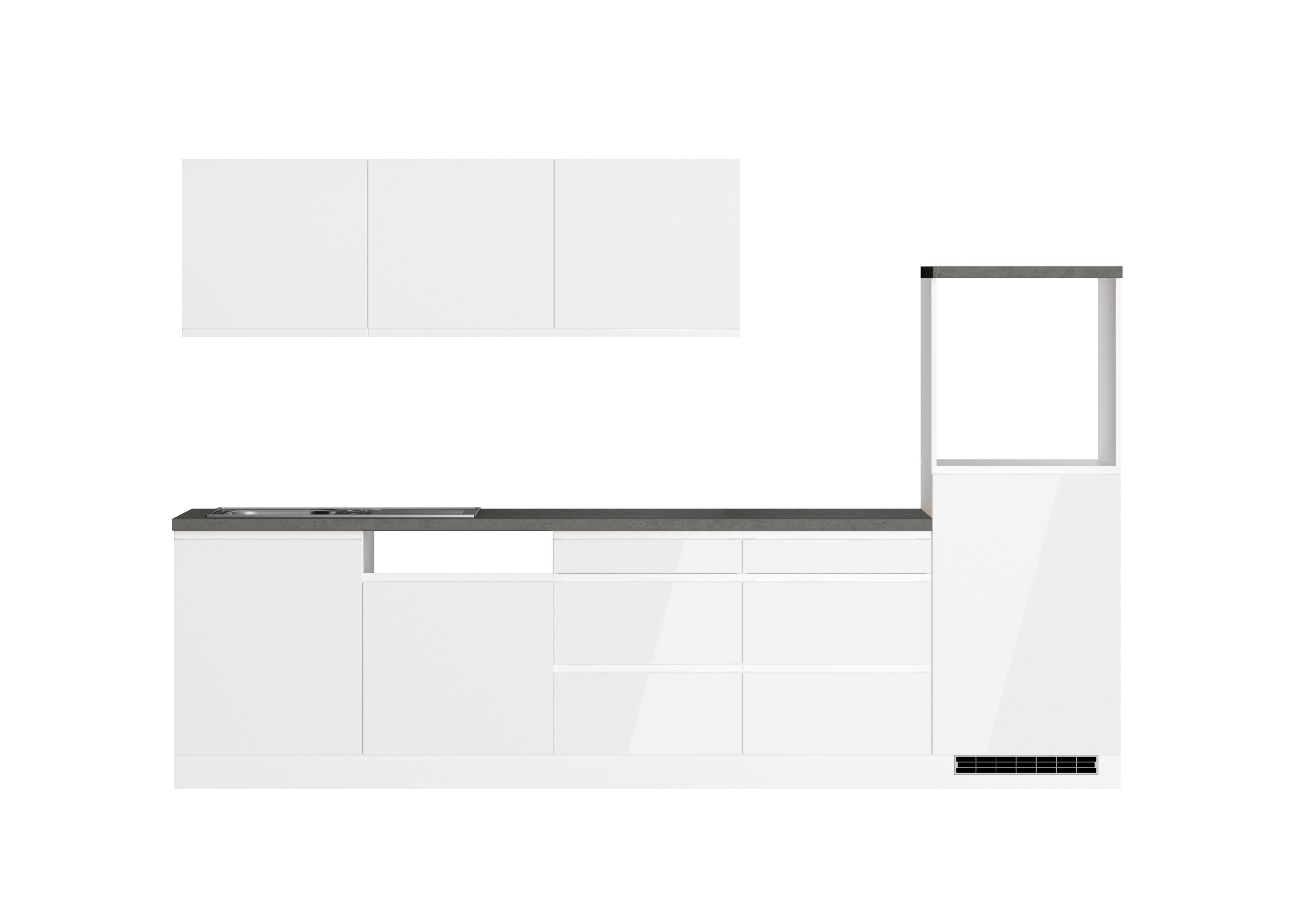 Einbauküche Detroit mit Kühlschrank | Hochglanz-Weiß | Beton-Oxid | 300 cm | ohne Geräte