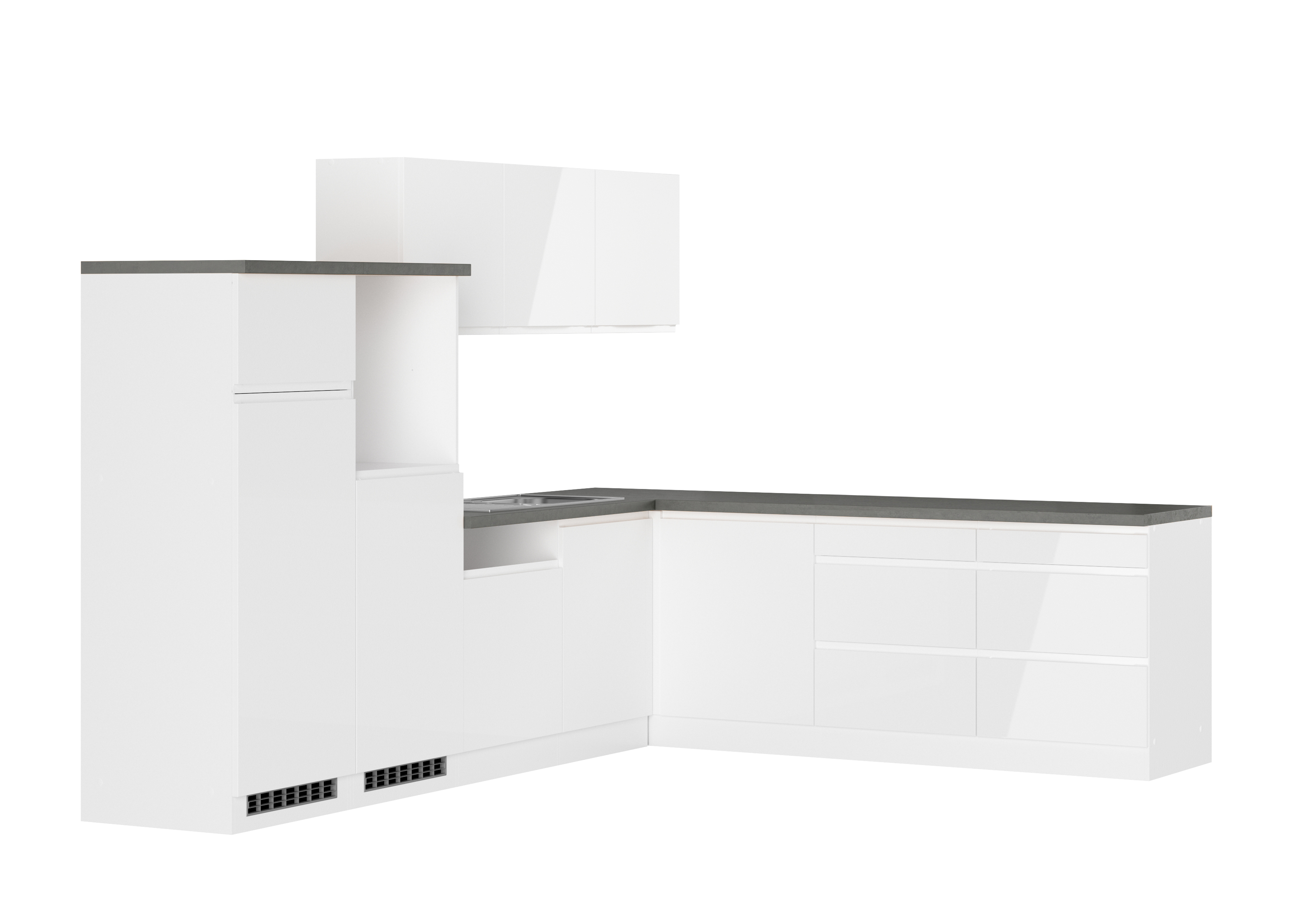 Winkelküche Detroit mit Kühl/Gefrierkombi | Hochglanz-Weiß | Beton-Oxid | 180/360 cm