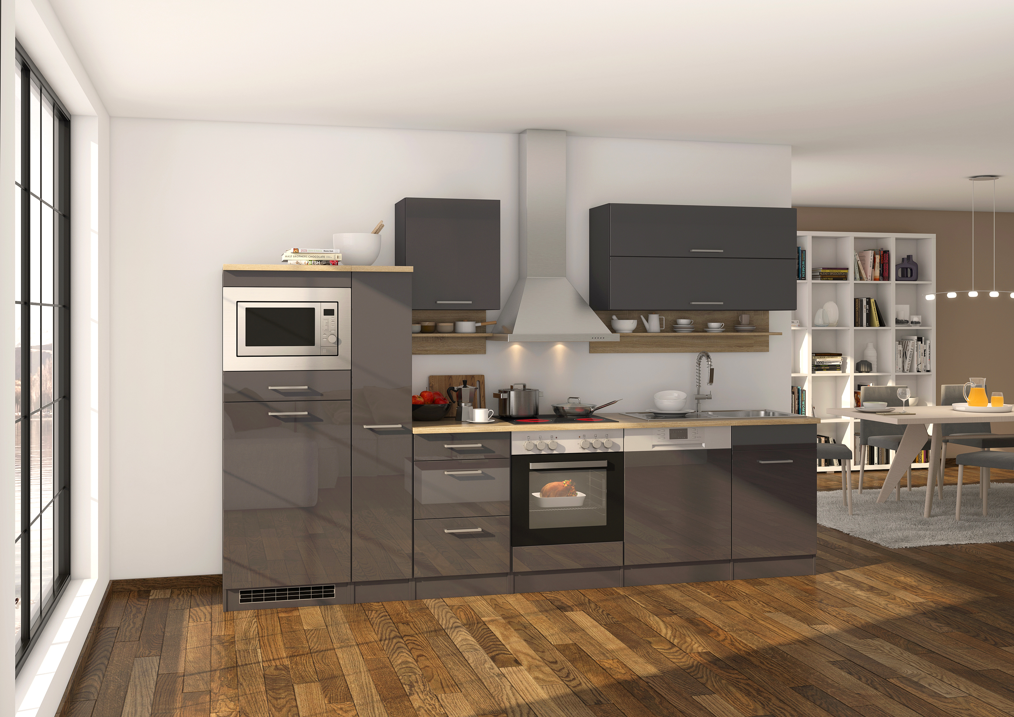 Küchenzeile mit E-Geräten & Geschirrspüler – - breit Sonoma cm Valencia 280 - Hochglanz Eiche Weiß