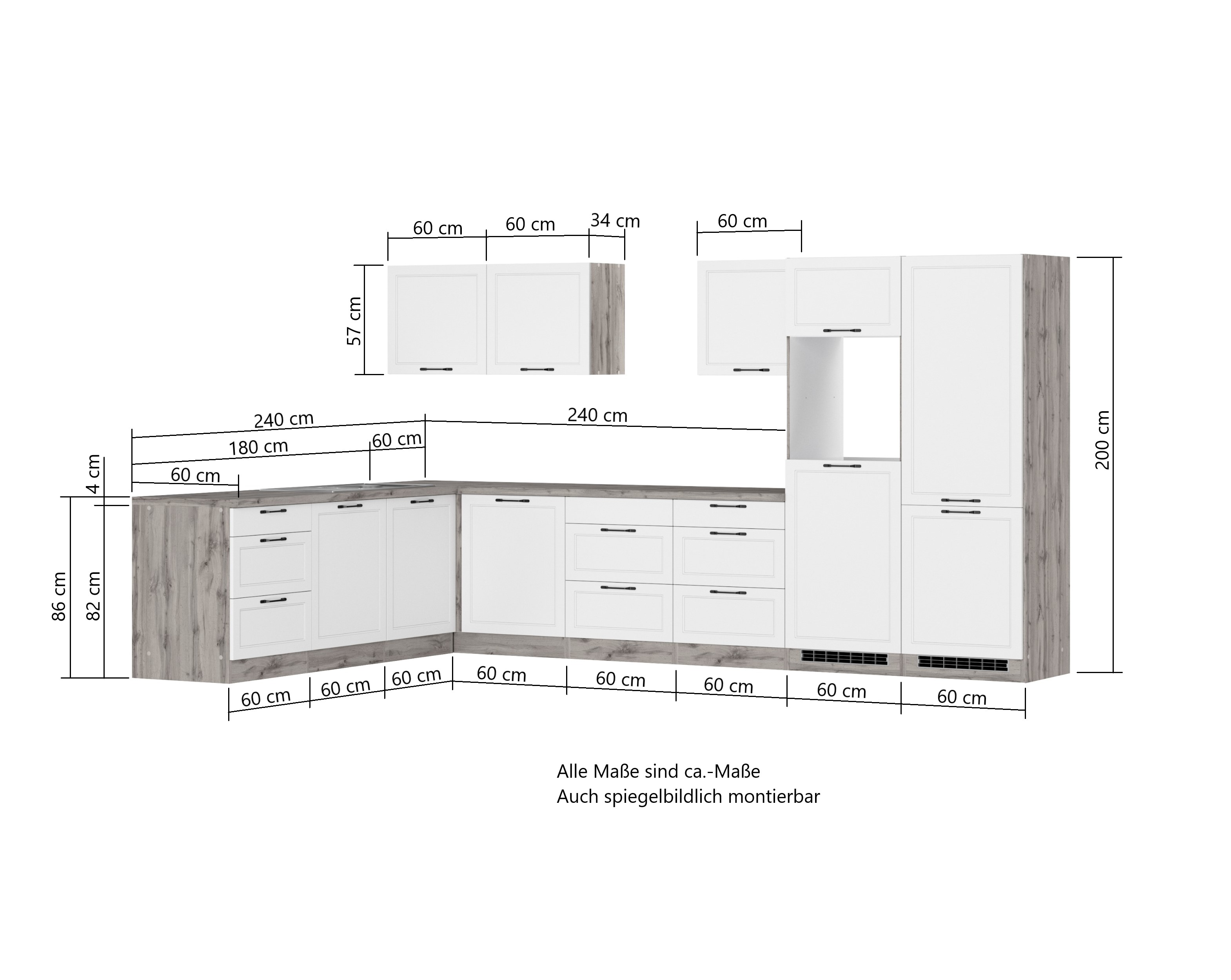 Winkelküche Charleston autark mit Kühl/Gefrierkombi | Matt-Weiß | Wotan-Eiche | 240/360 cm | Induktion