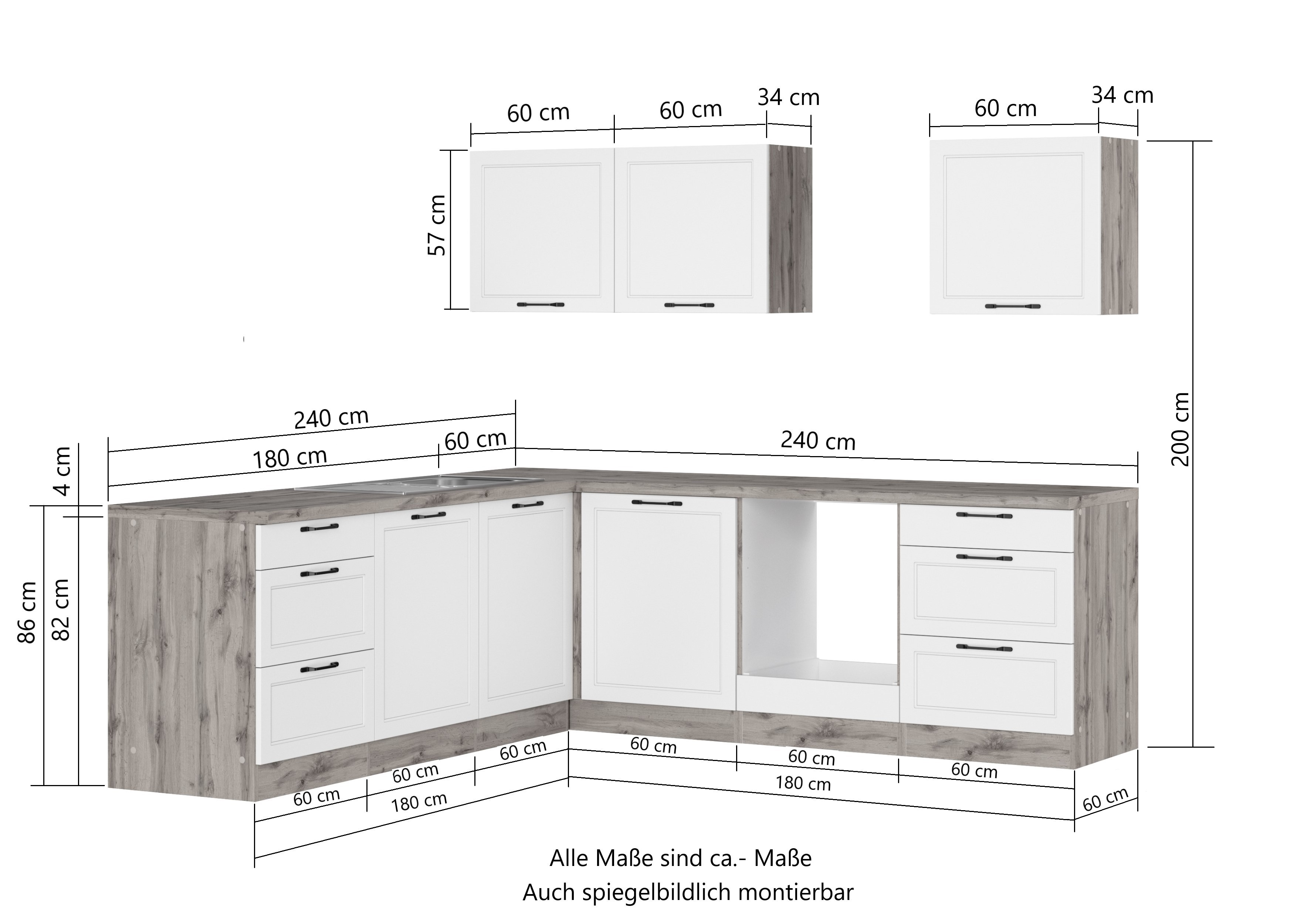 Winkelküche Charleston | Matt-Weiß | Wotan-Eiche | 240/240 cm | ohne Geräte