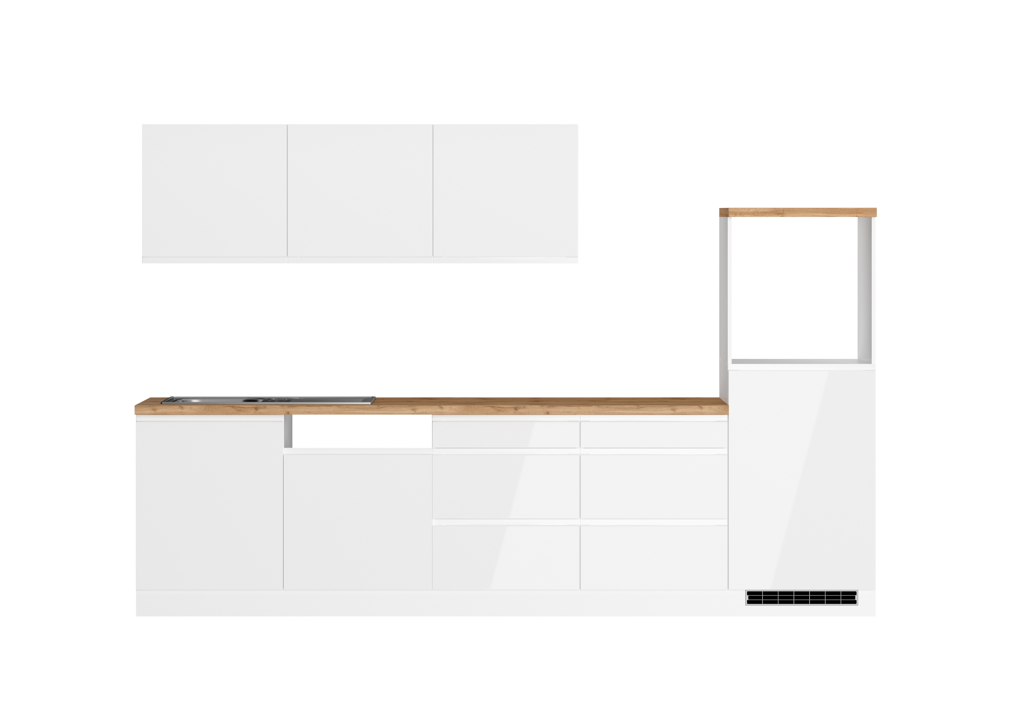 Einbauküche Detroit mit Kühlschrank | Hochglanz-Weiß | Wotan-Eiche | 300 cm | ohne Geräte