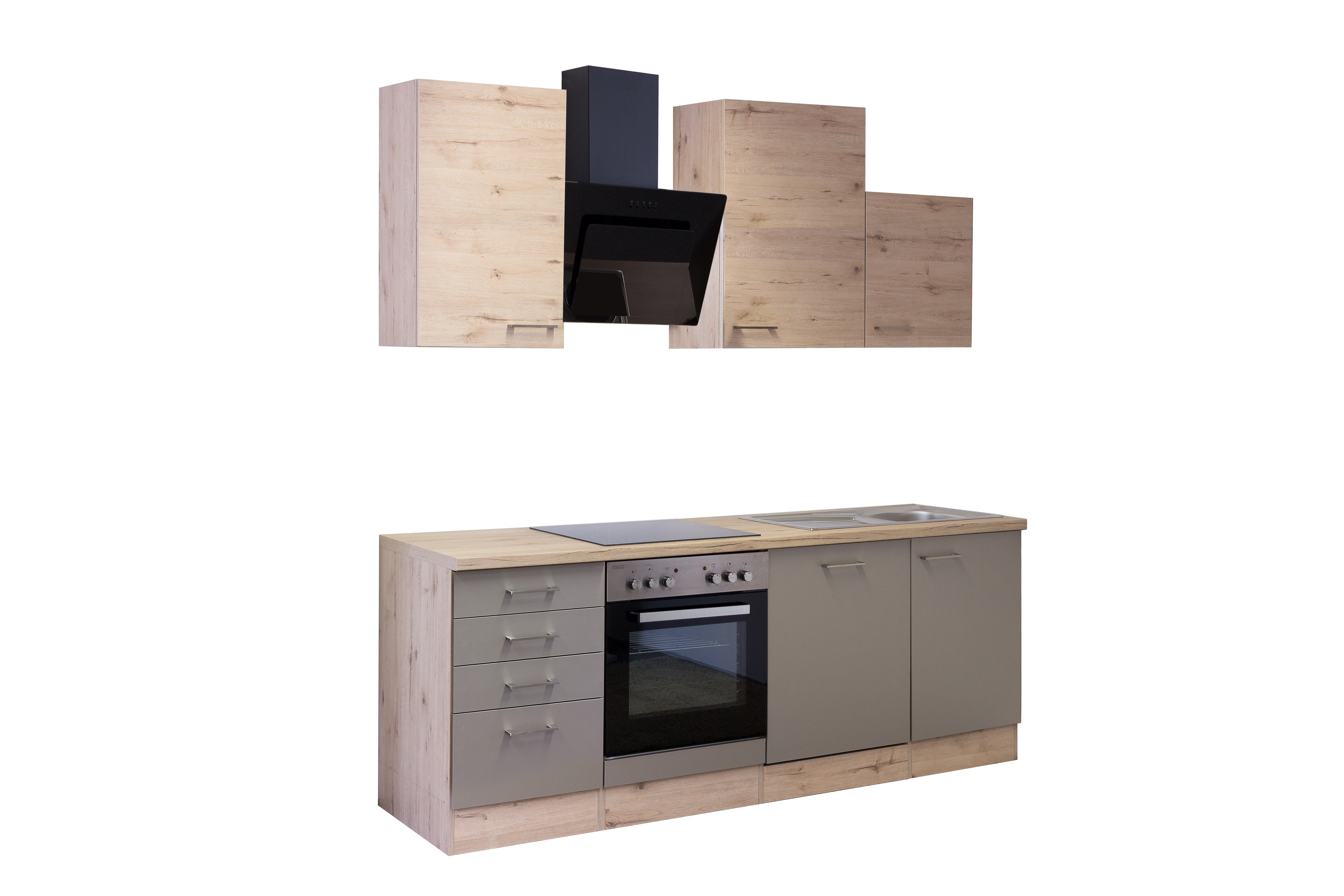 Küchenzeile mit E-Geräten & Geschirrspüler - 220 cm breit - Quarz Cubanit  San Remo Eiche – Rodello
