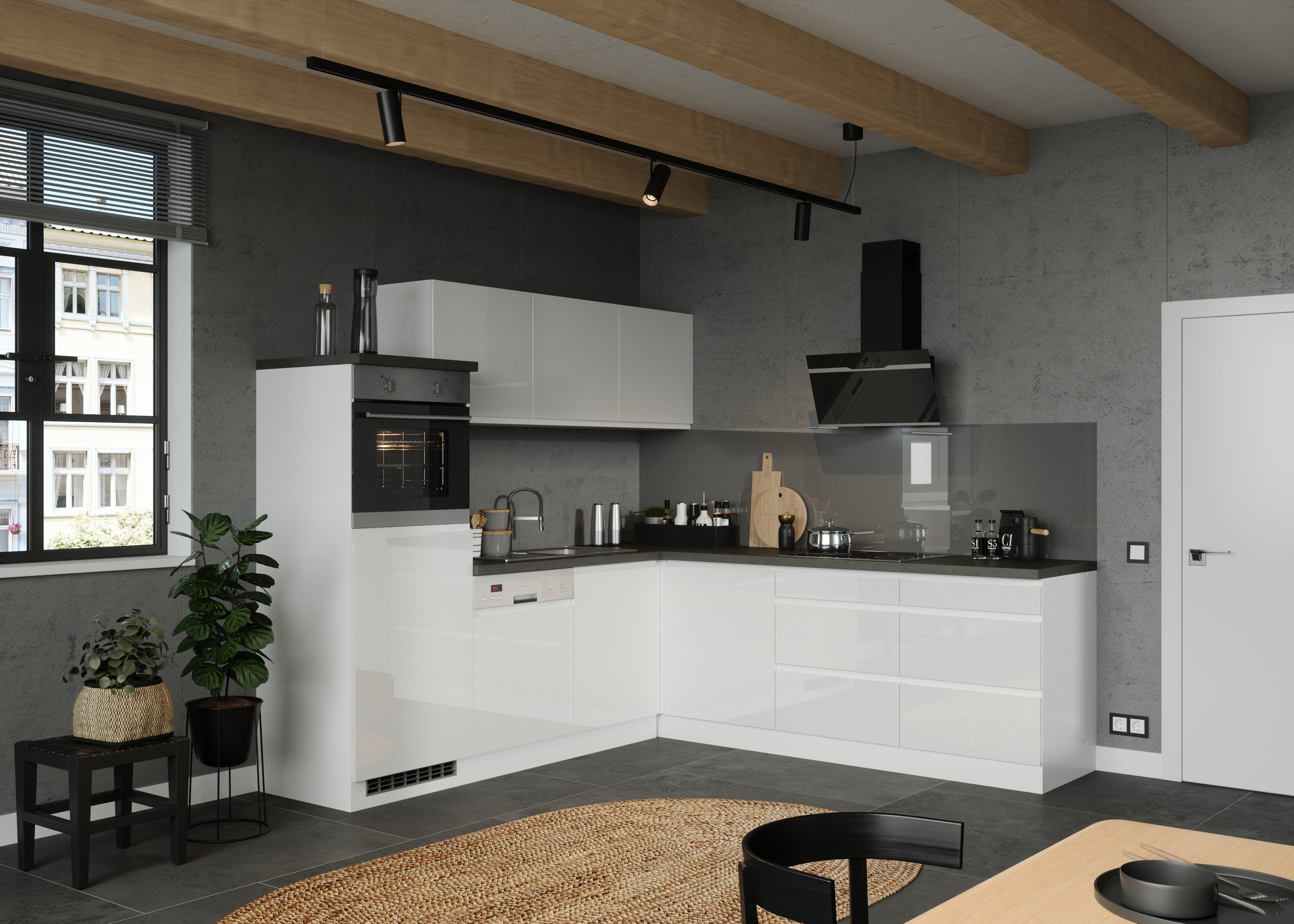 Winkelküche Detroit mit Kühlschrank | Hochglanz-Weiß | Beton-Oxid | 180/300 cm | inkl. Geräte