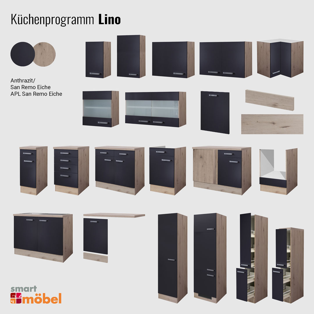 Küchenzeile mit E-Geräten - 210 cm breit - Anthrazit San Remo Eiche – Lino
