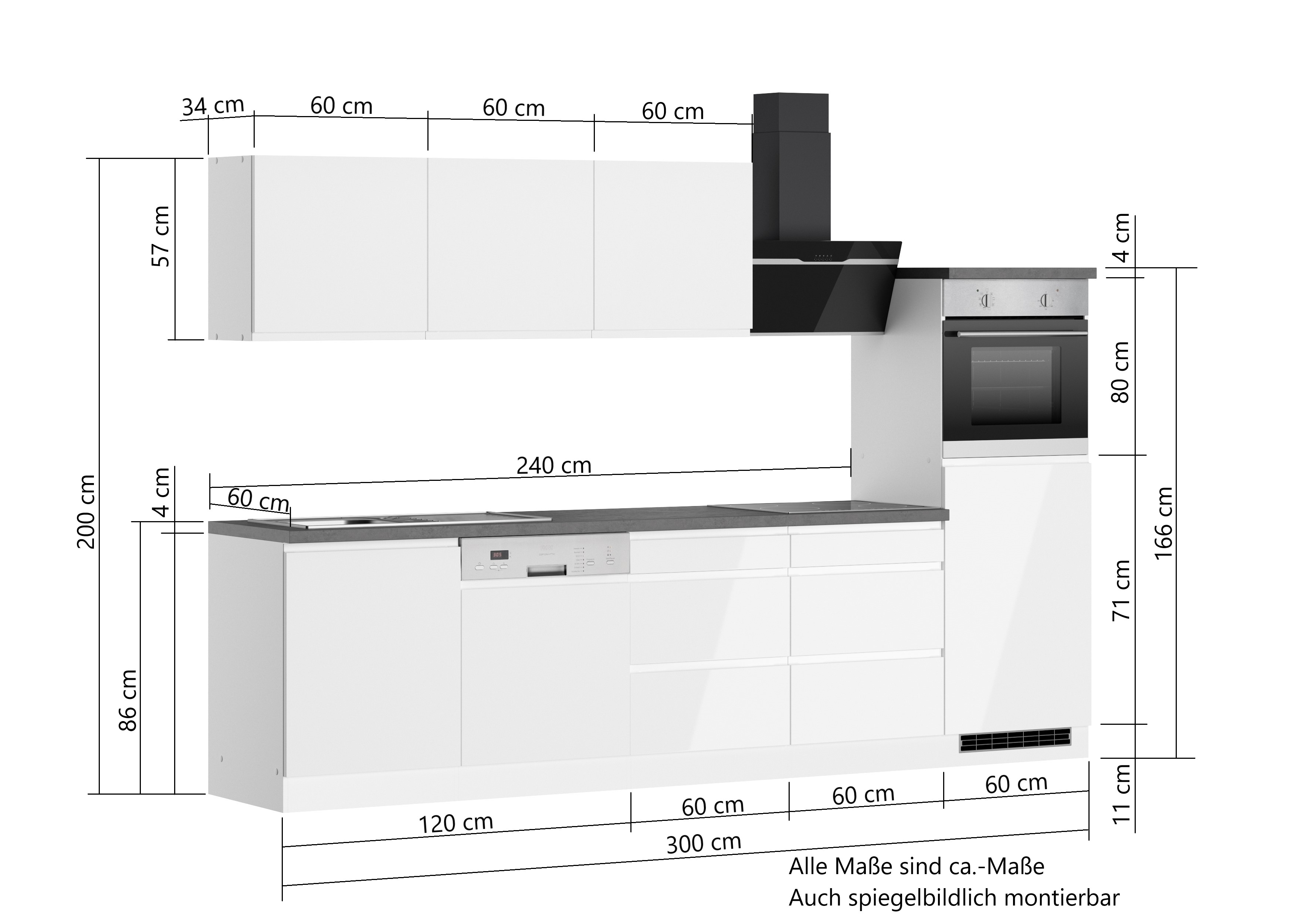 Einbauküche Detroit mit Kühlschrank | Hochglanz-Weiß | Wotan-Eiche | 300 cm | inkl. Geräte