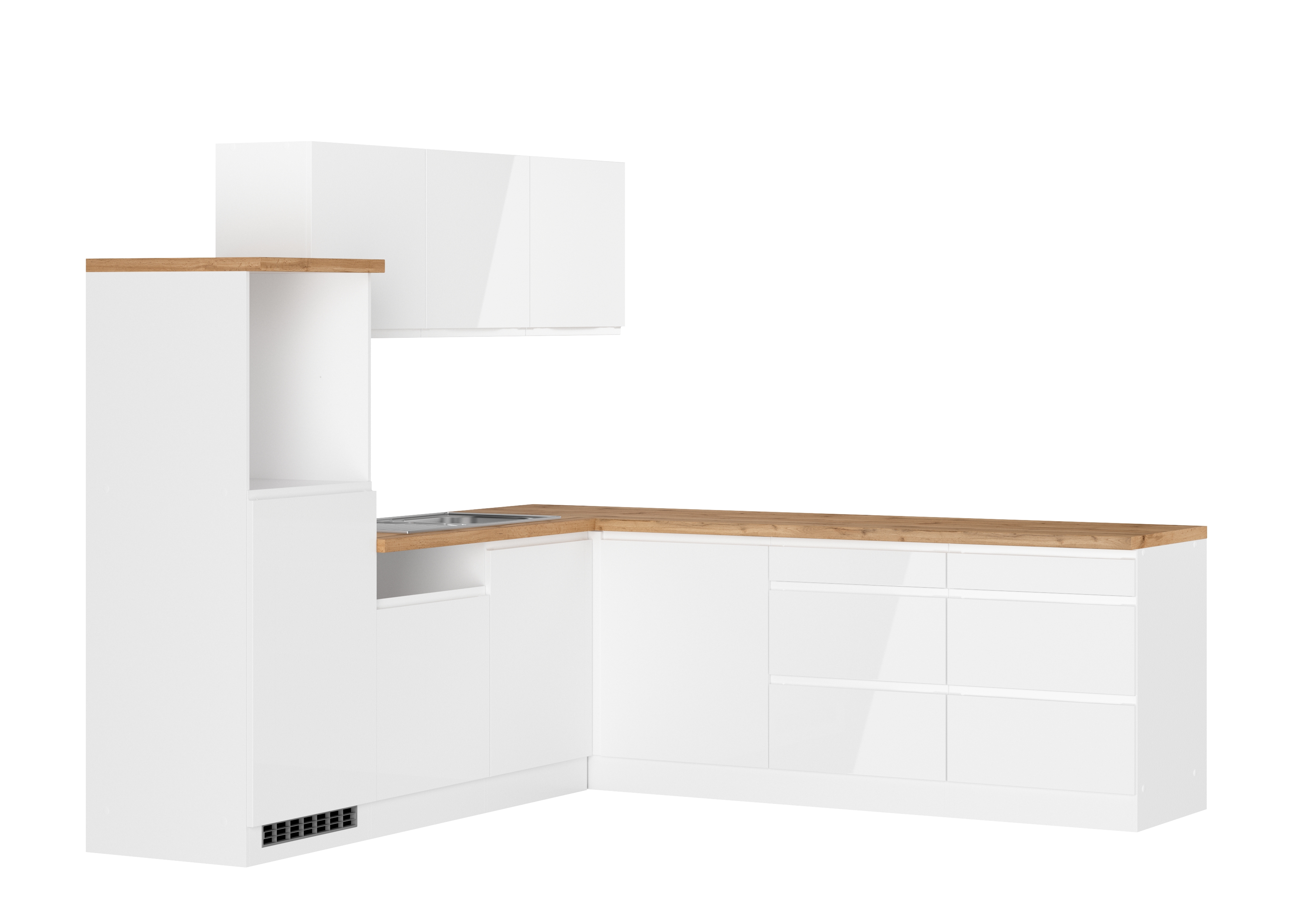 Winkelküche Detroit mit Kühlschrank | Hochglanz-Weiß | Wotan-Eiche | 180/300 cm | ohne Geräte