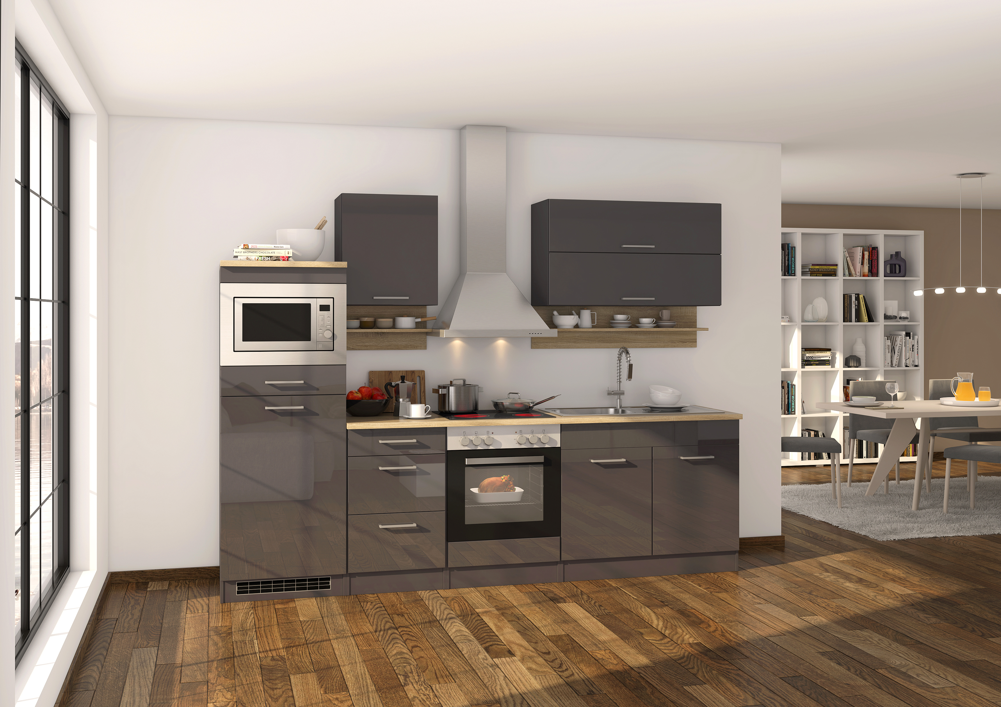 Küchenzeile mit E-Geräten - Remo breit Lino cm Eiche San 210 Anthrazit – 