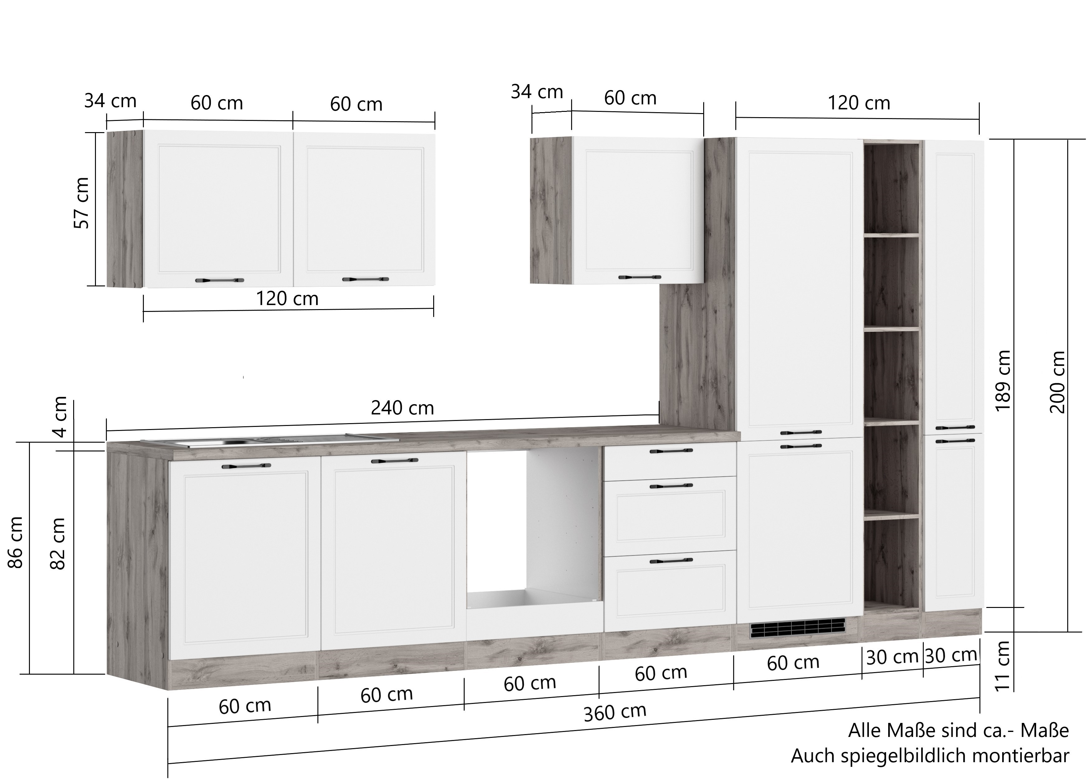 Küchenzeile 360 cm Charleston mit Kühl/Gefrierkombi | Matt-Weiß | Wotan-Eiche | 360 cm | ohne Geräte