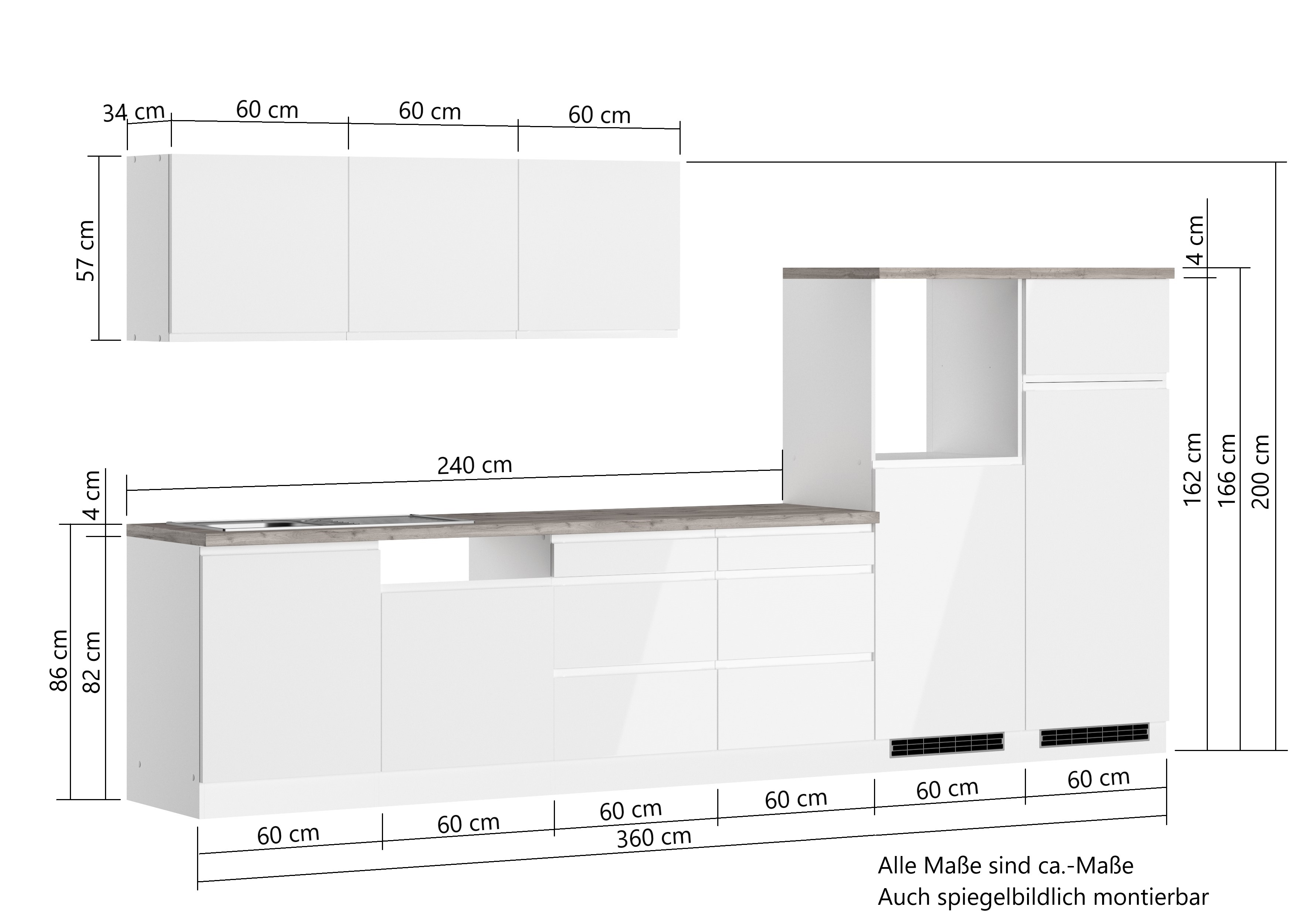 Einbauküche Detroit mit Kühl/Gefrierkombi | Hochglanz-Weiß | Wotan-Eiche | 360 cm | ohne Geräte